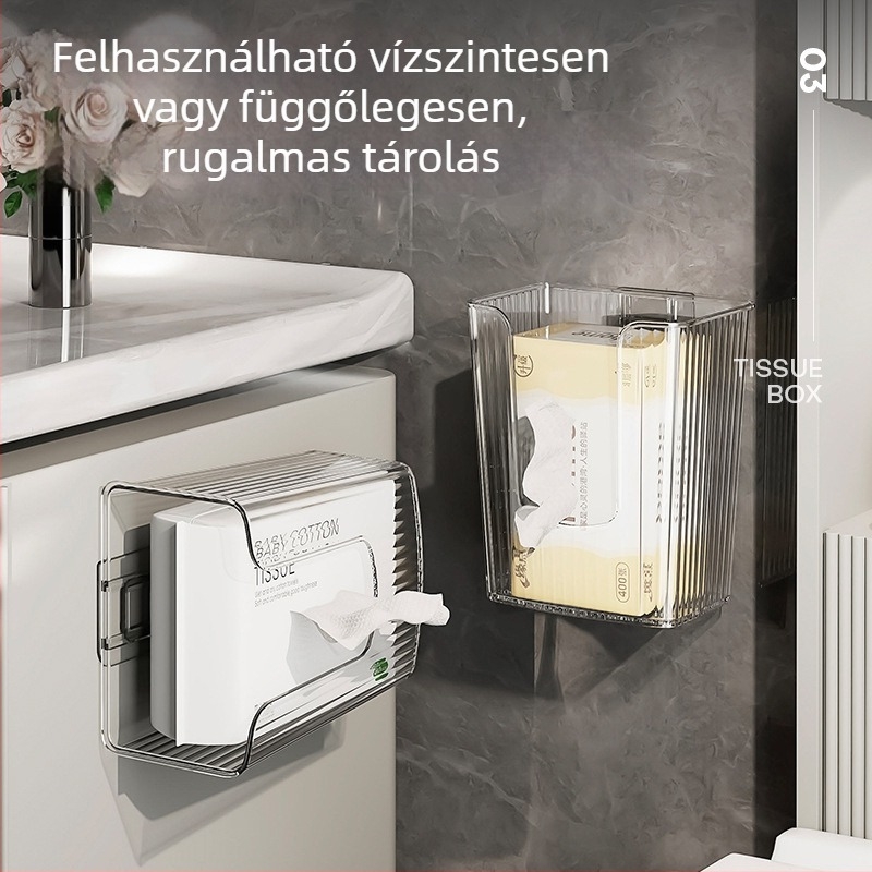 Fali vécépapírtartó és arc törölköző tároló – világos luxus stílus (PET anyag; vízálló; kompatibil standard papírzsebkendőkkel; többfunkciós)