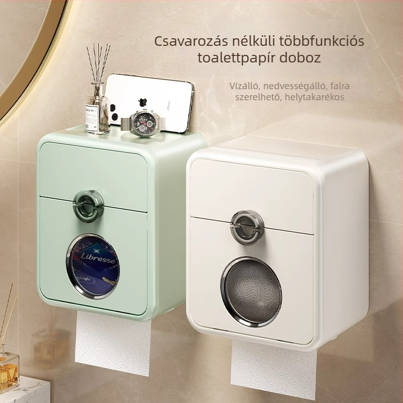 Fali vécépapírtartó és papírdoboz, fúrás nélkül, vízálló, PP anyag, fürdőszoba