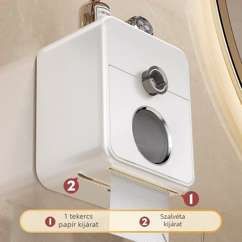 Fali vécépapírtartó és papírdoboz, fúrás nélkül, vízálló, PP anyag, fürdőszoba