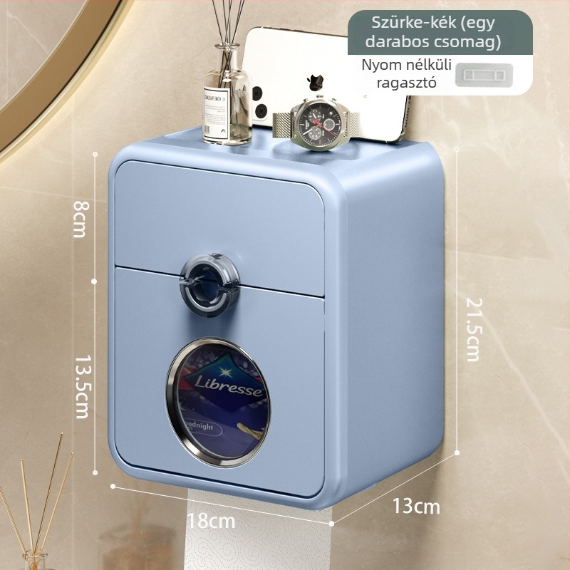 Fali vécépapírtartó és papírdoboz, fúrás nélkül, vízálló, PP anyag, fürdőszoba