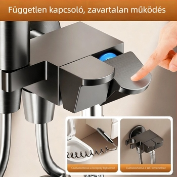 WC öblítő spriccfegyver falra szerelt réz sarokcsappal, 1,5 MPa nyomás, G1/2 csatlakozás, Toilet Companion modell, modern minimalista stílus