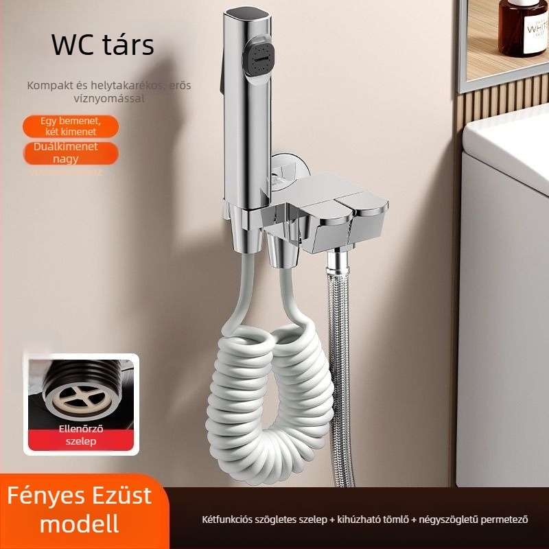 WC öblítő spriccfegyver falra szerelt réz sarokcsappal, 1,5 MPa nyomás, G1/2 csatlakozás, Toilet Companion modell, modern minimalista stílus