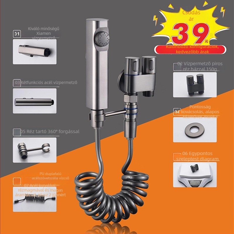 WC-hez való tömlőspray pisztoly egy be- és két kimenet funkcióval, nagy nyomású réz test, gombos szerelés, modell 1123