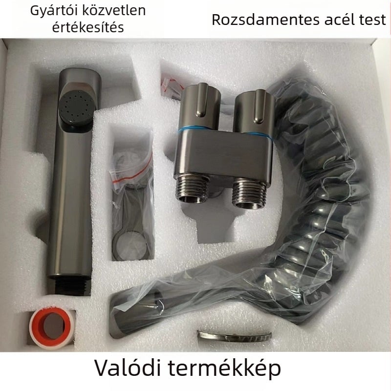 WC-hez való tömlőspray pisztoly egy be- és két kimenet funkcióval, nagy nyomású réz test, gombos szerelés, modell 1123