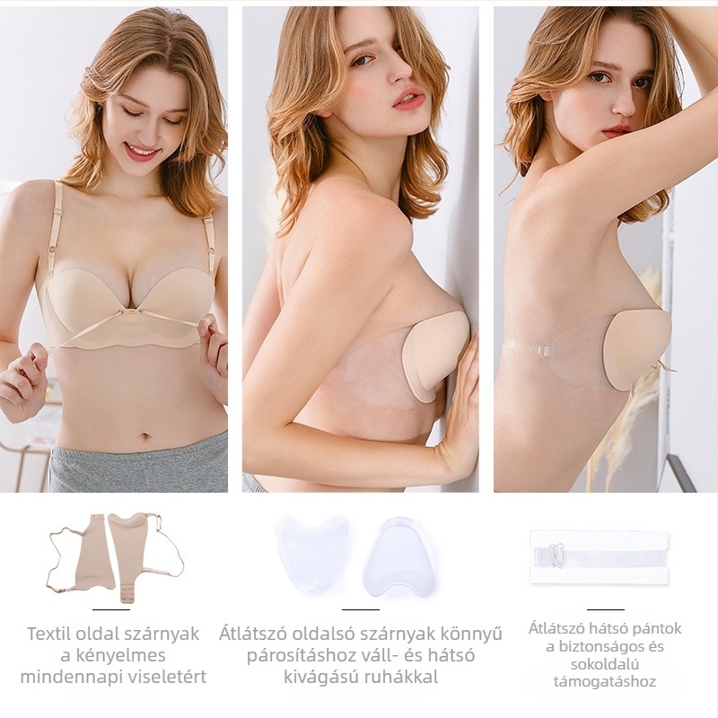 Egyrészes, pumpálható láthatatlan melltartó kis mellekhez, push-up hatás, varrat nélküli, levehető dupla vállpántokkal, oldalsó csattal, nylon/elastán anyag, esküvői ruhákhoz