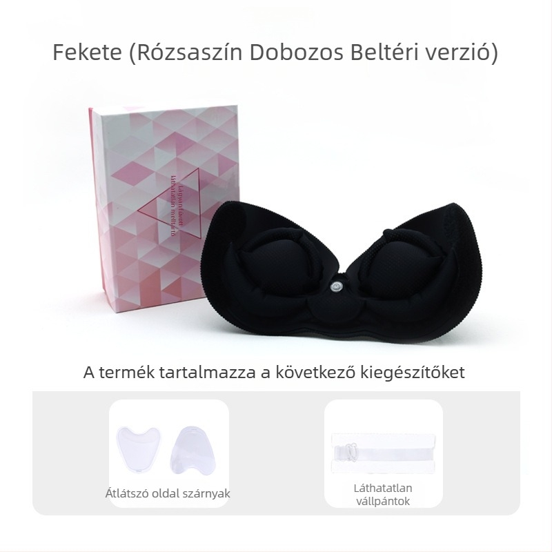 Egyrészes, pumpálható láthatatlan melltartó kis mellekhez, push-up hatás, varrat nélküli, levehető dupla vállpántokkal, oldalsó csattal, nylon/elastán anyag, esküvői ruhákhoz