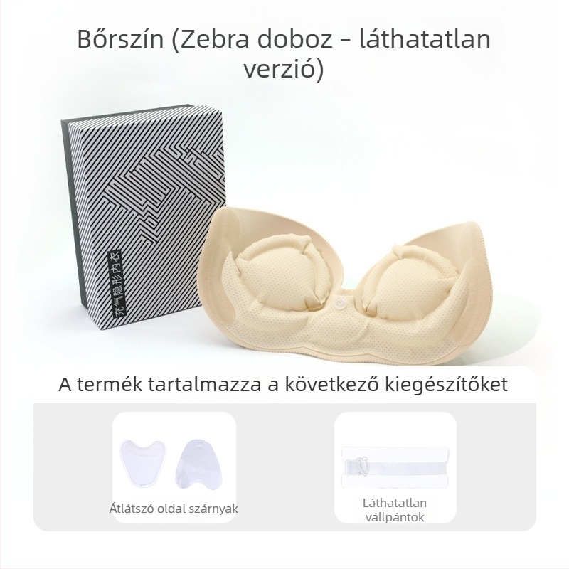 Egyrészes, pumpálható láthatatlan melltartó kis mellekhez, push-up hatás, varrat nélküli, levehető dupla vállpántokkal, oldalsó csattal, nylon/elastán anyag, esküvői ruhákhoz