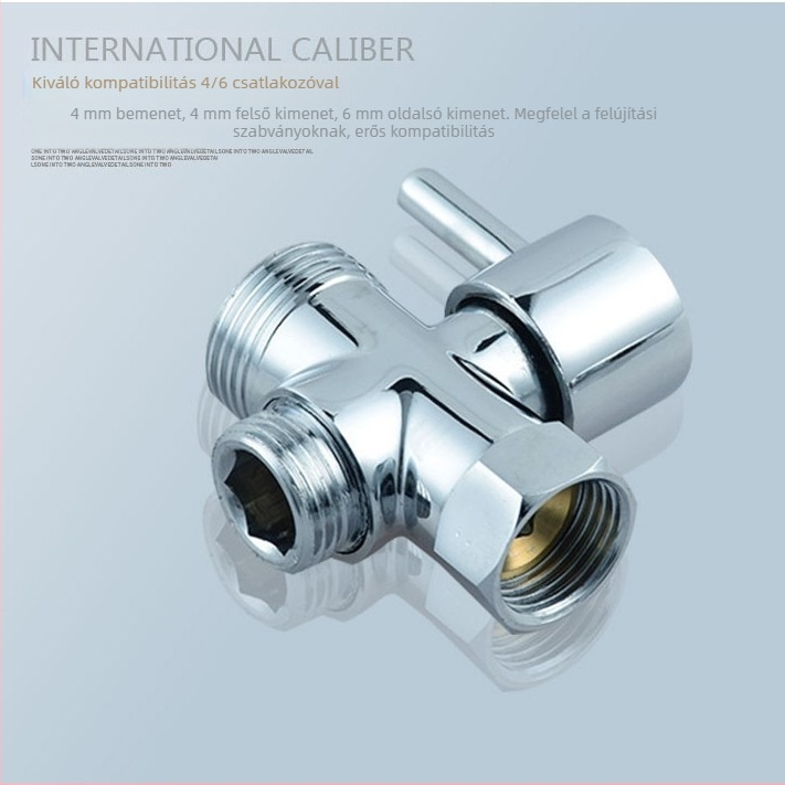 Réz háromutas víz-elosztó gyorsnyitású szeleppel, bemenet 1, kimenet 2, zuhanyzóhoz és mosdóhoz (Anyag: Réz; Konfiguráció: 1 bej / 2 ki; Gyorsnyitás)