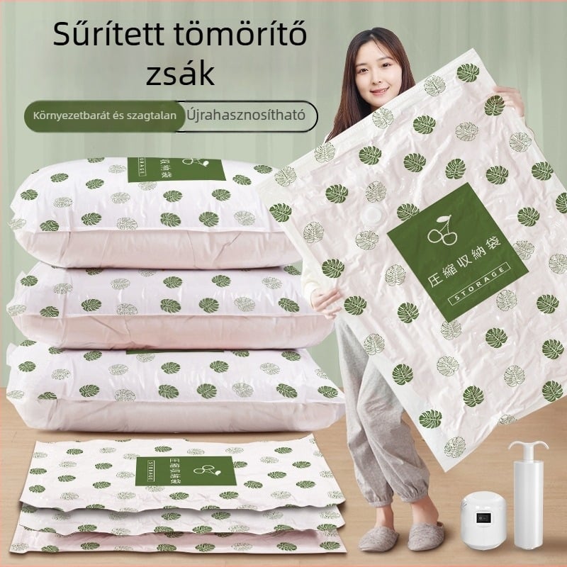 Vákuumos tároló tasak ruhákhoz és takarókhoz – vastagított, szívó típusú, PA+PE anyag, pumpa nélkül, 150 darabos csomag