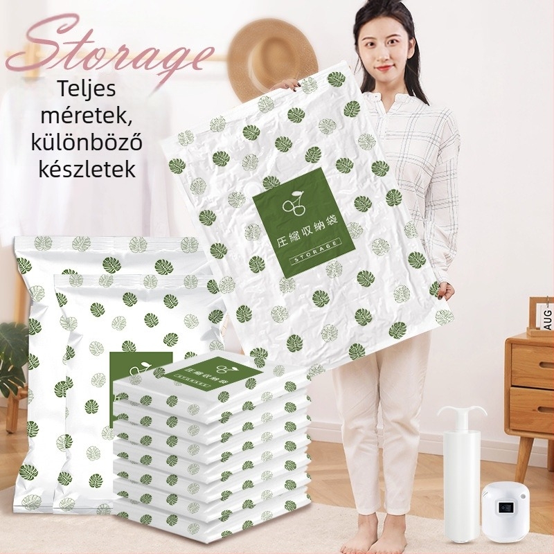 Vákuumos tároló tasak ruhákhoz és takarókhoz – vastagított, szívó típusú, PA+PE anyag, pumpa nélkül, 150 darabos csomag