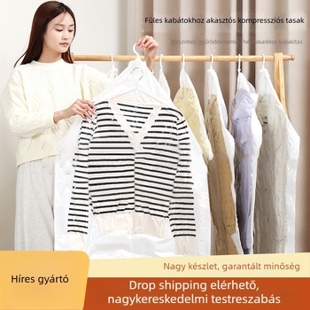 Függő vákuumos tömörítő táska pehelykabátok tárolására, PA+PE anyag, pumpa nélkül, többszöges lyukdesign