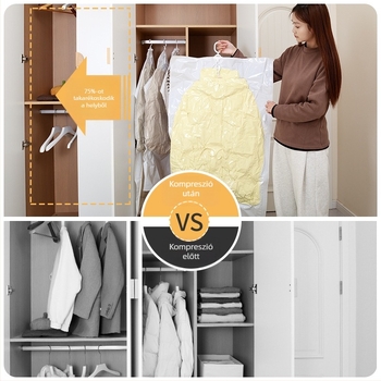 Függő vákuumos tömörítő táska pehelykabátok tárolására, PA+PE anyag, pumpa nélkül, többszöges lyukdesign