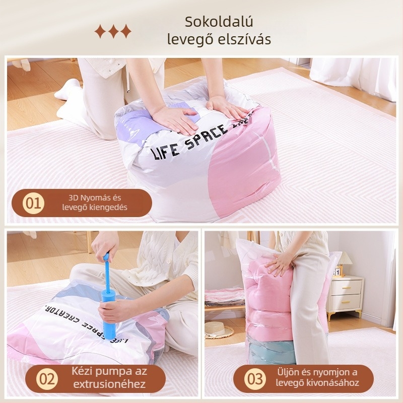 Vákuumos tömítő táska ruhákhoz és takarókhoz – háromdimenziós kialakítás; pumpa nélkül; ülő típusú tömörítés; PA+PE anyag; modell 1314.