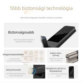 Okos zár ujjlenyomat és jelszó funkciókkal — 40 ujjlenyomat tárolás; több mint 1 000 000 nyitási ciklus; szkennelési idő <0,1 s; hamis elfogadás <0,001%; hamis visszautasítás <1,0%
