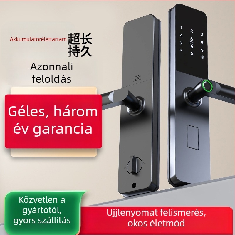 Okos zár ujjlenyomat és jelszó funkciókkal — 40 ujjlenyomat tárolás; több mint 1 000 000 nyitási ciklus; szkennelési idő <0,1 s; hamis elfogadás <0,001%; hamis visszautasítás <1,0%