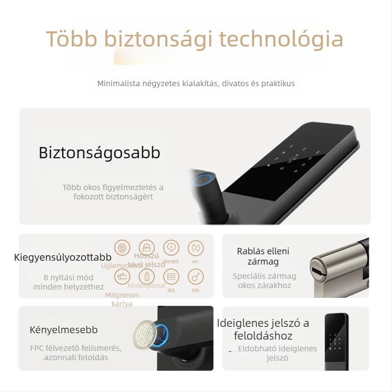 Okos zár ujjlenyomat és jelszó funkciókkal — 40 ujjlenyomat tárolás; több mint 1 000 000 nyitási ciklus; szkennelési idő <0,1 s; hamis elfogadás <0,001%; hamis visszautasítás <1,0%