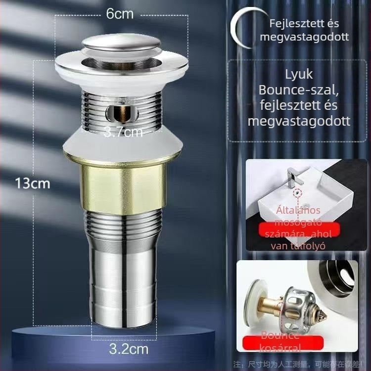 Rozsdamentes acél mosdólefolyó pop-up típus, modell Short Bounce Drainer, márka Huixin, modern minimalist stílus