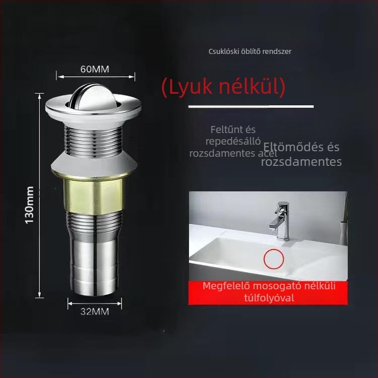 Rozsdamentes acél mosdólefolyó pop-up típus, modell Short Bounce Drainer, márka Huixin, modern minimalist stílus