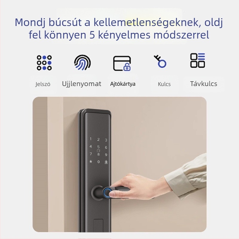 Intelligens ajtózár ujjlenyomat- és jelszó funkcióval — 40 ujjlenyomat tárolás; >1 000 000 nyitás; szkennelési idő <0,1 s; hamis elfogadási ráta 0,001%; hamis elutasítási ráta 1,0%