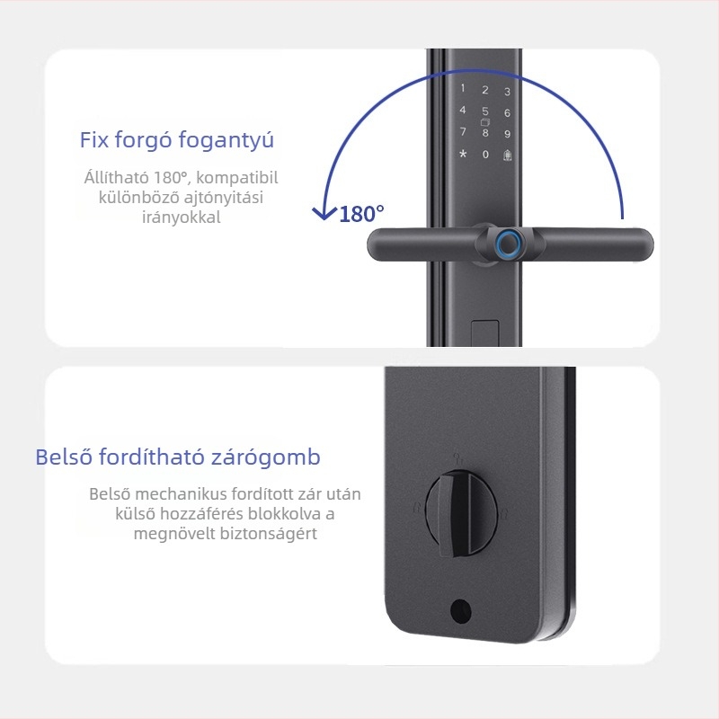 Intelligens ajtózár ujjlenyomat- és jelszó funkcióval — 40 ujjlenyomat tárolás; >1 000 000 nyitás; szkennelési idő <0,1 s; hamis elfogadási ráta 0,001%; hamis elutasítási ráta 1,0%
