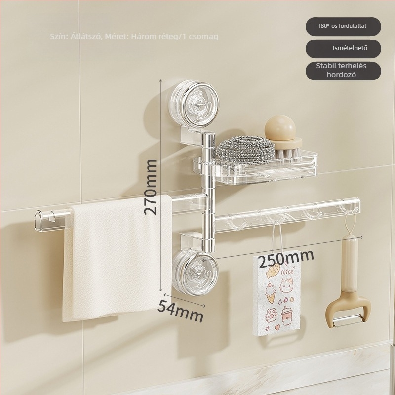 Vákuumos konyhai polc szivacsok és rongyok számára — fúrás nélküli, forogó akasztókkal, műanyag