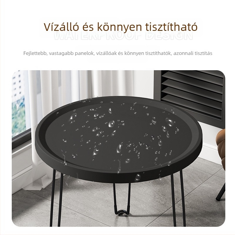 Összecsukható kör alakú műanyag oldalas asztal rozsdamentes acél kerettel, testre szabható.