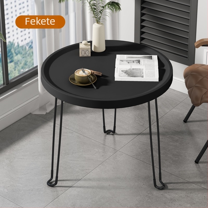 Összecsukható kör alakú műanyag oldalas asztal rozsdamentes acél kerettel, testre szabható.