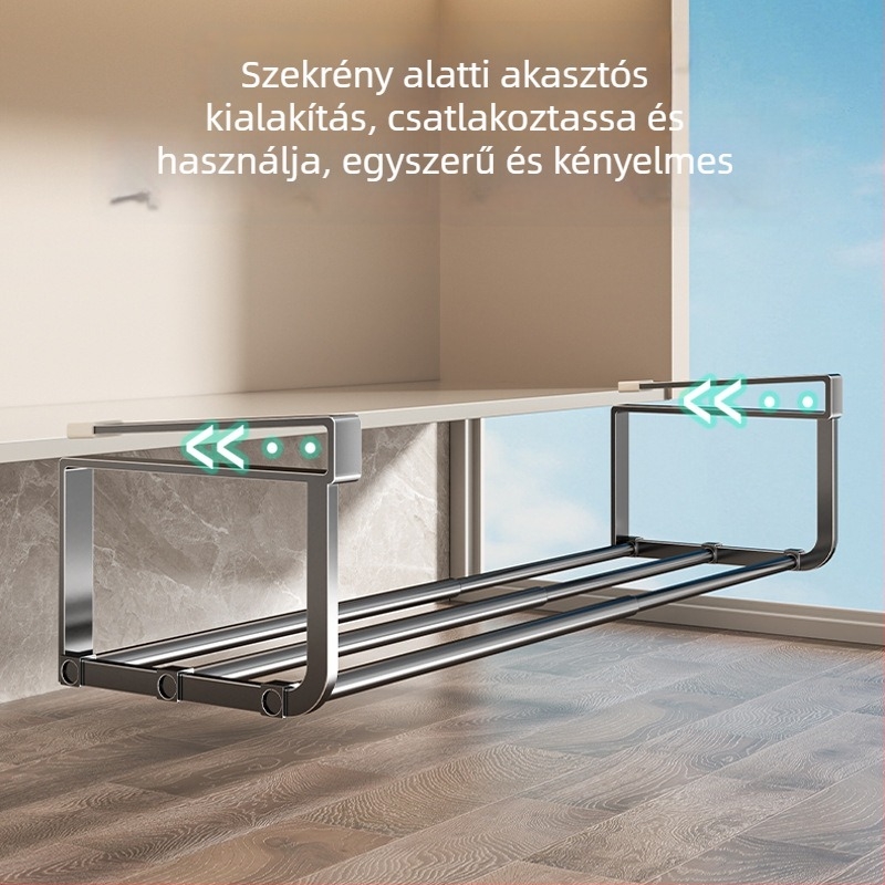 Függő mosdó alatti tárolópolc fürdőszobába – 1 szint, teleszkópos, szénacélból, minimalistikus, fúrás nélkül
