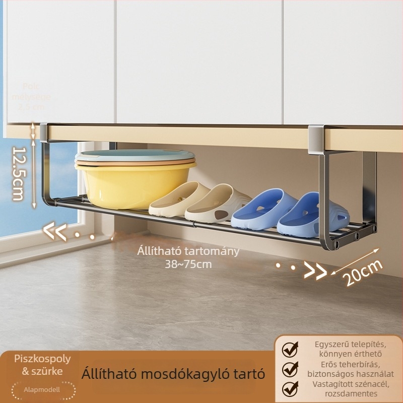 Függő mosdó alatti tárolópolc fürdőszobába – 1 szint, teleszkópos, szénacélból, minimalistikus, fúrás nélkül