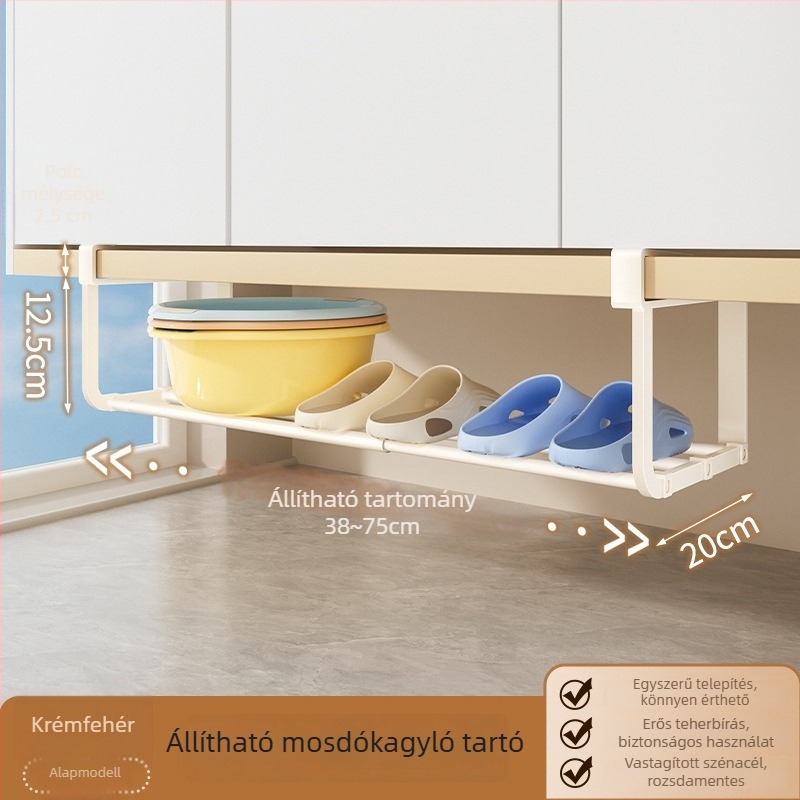Függő mosdó alatti tárolópolc fürdőszobába – 1 szint, teleszkópos, szénacélból, minimalistikus, fúrás nélkül