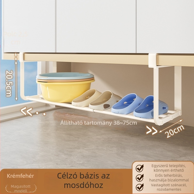 Függő mosdó alatti tárolópolc fürdőszobába – 1 szint, teleszkópos, szénacélból, minimalistikus, fúrás nélkül