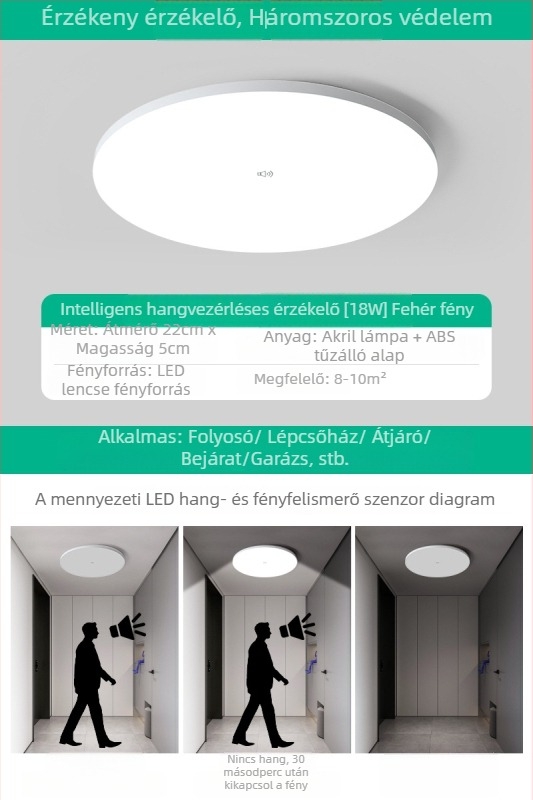Mennyezeti lámpa (LED, mozgásérzékelő, 220V, 10-15 m² lefedettség)