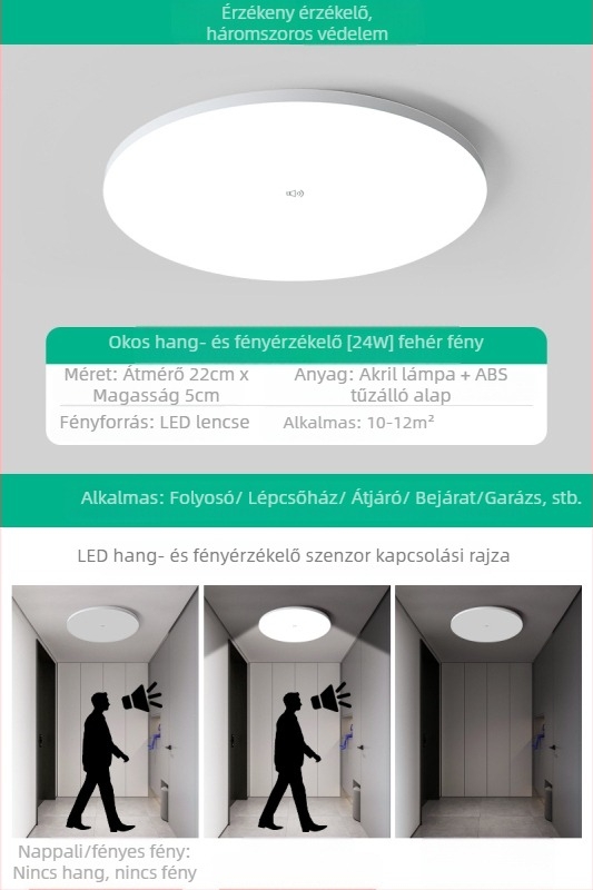 Mennyezeti lámpa (LED, mozgásérzékelő, 220V, 10-15 m² lefedettség)