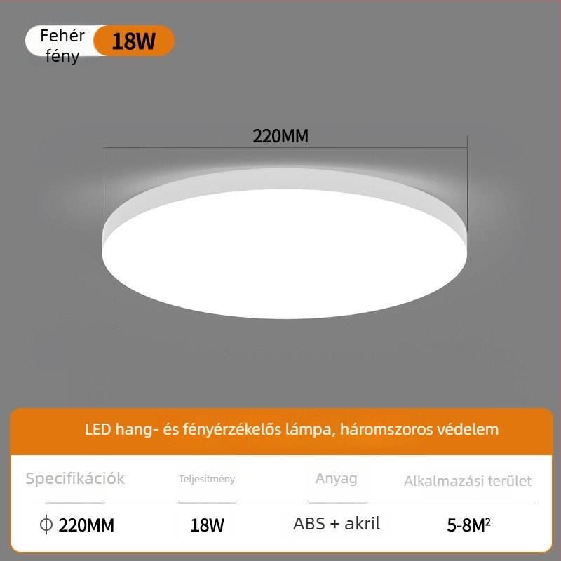 Mennyezeti LED szenzoros lámpa hangvezérléssel folyosóhoz és lépcsőházhoz – 220V, 5-10 m² lefedettség, mozgásérzékelő