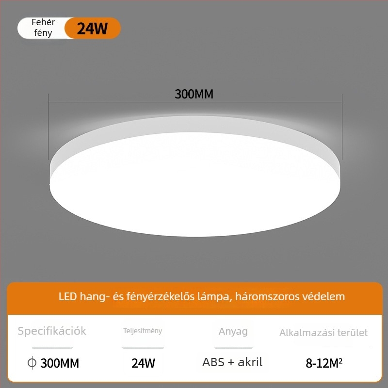 Mennyezeti LED szenzoros lámpa hangvezérléssel folyosóhoz és lépcsőházhoz – 220V, 5-10 m² lefedettség, mozgásérzékelő