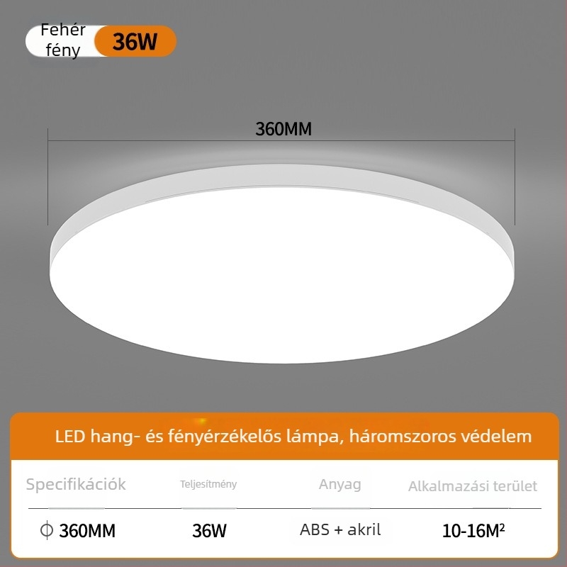 Mennyezeti LED szenzoros lámpa hangvezérléssel folyosóhoz és lépcsőházhoz – 220V, 5-10 m² lefedettség, mozgásérzékelő