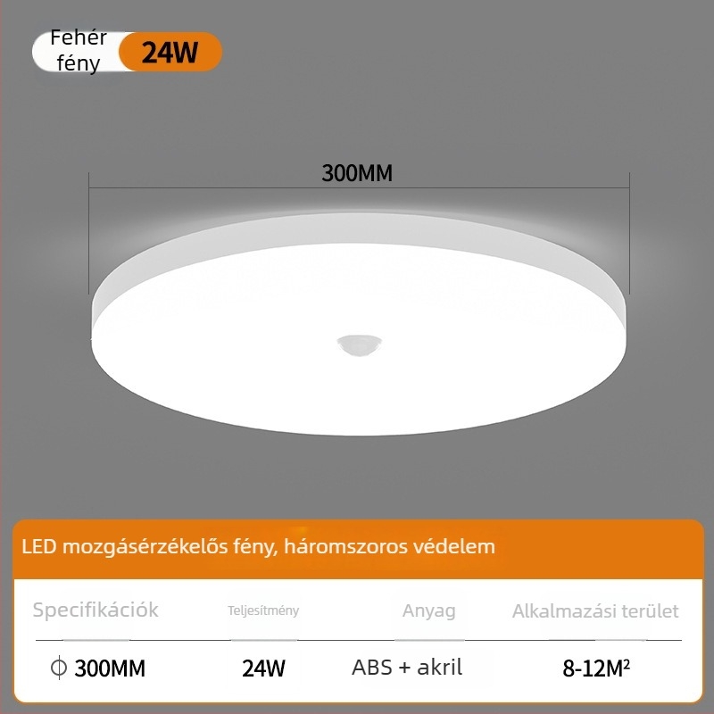 Mennyezeti LED szenzoros lámpa hangvezérléssel folyosóhoz és lépcsőházhoz – 220V, 5-10 m² lefedettség, mozgásérzékelő