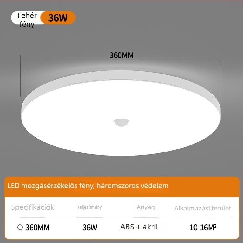 Mennyezeti LED szenzoros lámpa hangvezérléssel folyosóhoz és lépcsőházhoz – 220V, 5-10 m² lefedettség, mozgásérzékelő
