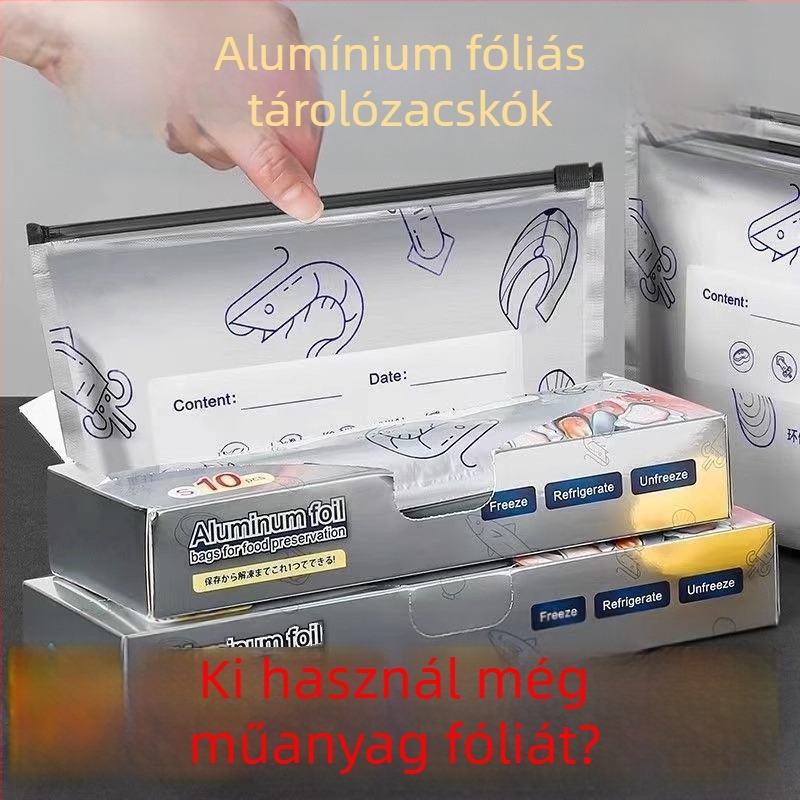 Alumíniumfóliás élelmiszer-biztonságos zipzáras tasakok, fagyasztóbarát, hús- és zöldség tárolására, -60°C–100°C