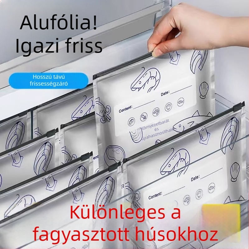 Alumíniumfóliás élelmiszer-biztonságos zipzáras tasakok, fagyasztóbarát, hús- és zöldség tárolására, -60°C–100°C