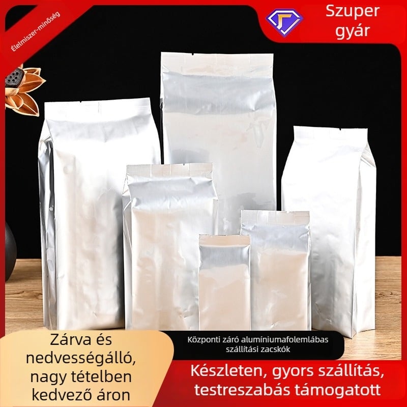 Alumínium-fóliás élelmiszer-csomagoló tasak, középső zárással, álló kivitelben, macska- és kutyaeledelhez