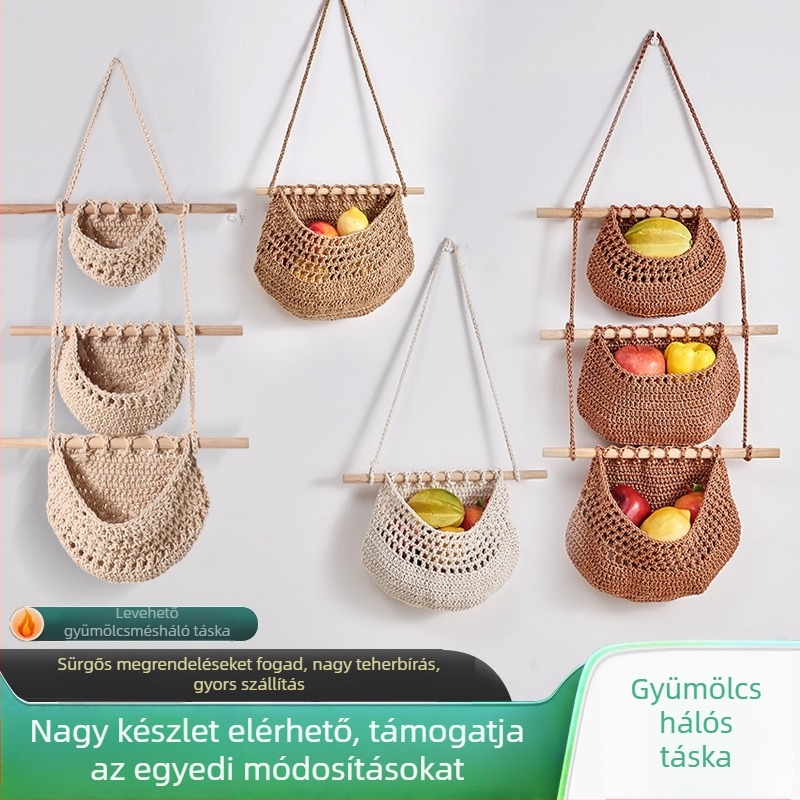 Fali gyümölcskosár pamut- és kenderkötélből, vidéki stílus, gyümölcs- és zöldséges kosár, 2017 őszén debütál