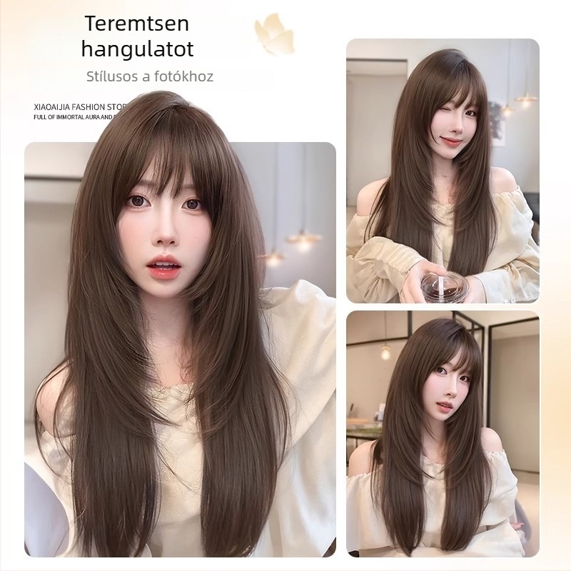 Női hosszú, egyenes paróka — természetes stílus, magas hőálló rostok, gépi gyártás