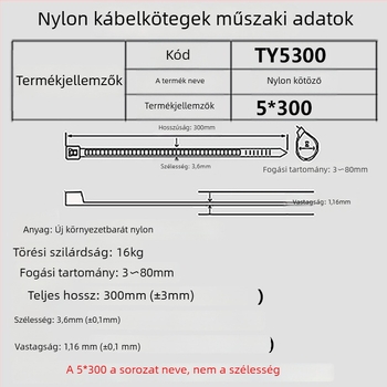 Önzáró nylon kábelkötegek, 3-80 mm tartomány, kb. 15 kg húzóerő, környezetbarát nylon anyag