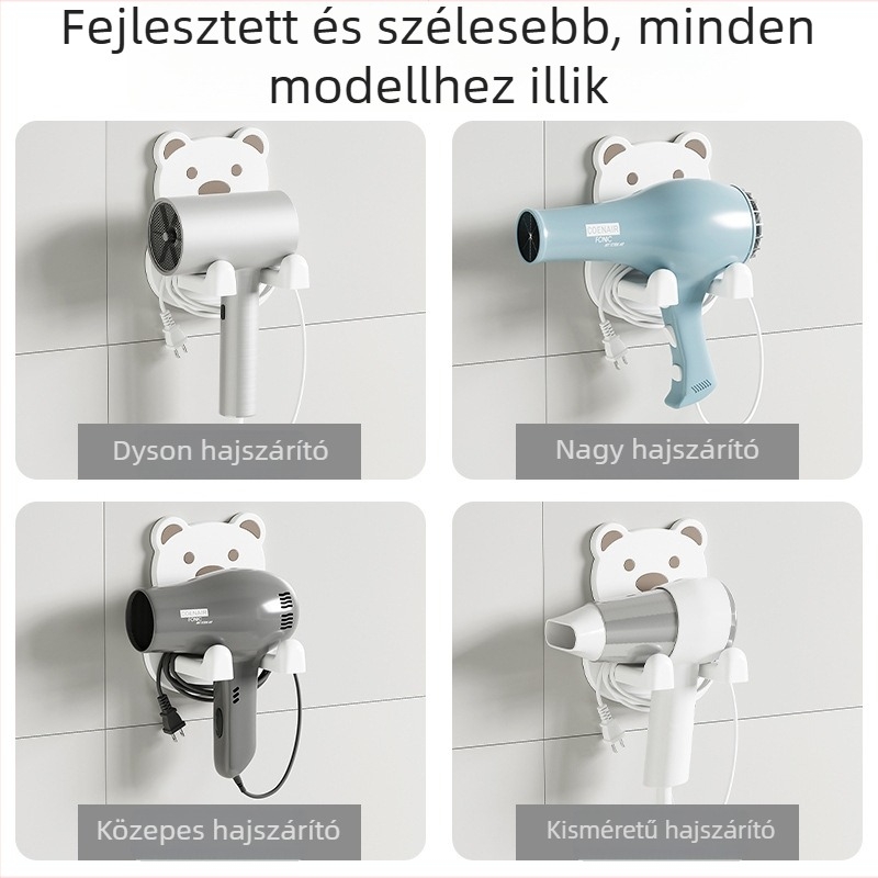 Hajszárító tároló állvány – falra szerelhető, fúrás nélküli, PP anyag, modern minimalista fürdőszoba stílus, kampó típusú telepítés