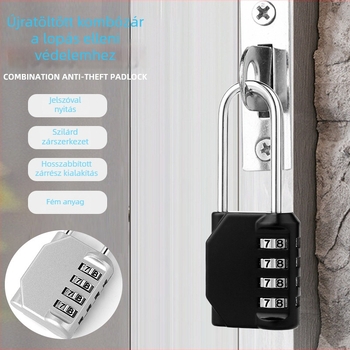 4 számjegyű kombinációs zárfej, cinkötvözetből, kültéri használatra – NF46 hosszú sín; záróvas vastagsága 3,7 mm, vasak közti távolság 15 mm; alkalmas ajtókhoz, ablakokhoz, fitnesz öltözőszekrényekhez, fiókokhoz és konyhaszekrényekhez