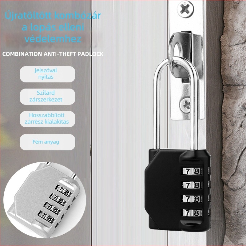 4 számjegyű kombinációs zárfej, cinkötvözetből, kültéri használatra – NF46 hosszú sín; záróvas vastagsága 3,7 mm, vasak közti távolság 15 mm; alkalmas ajtókhoz, ablakokhoz, fitnesz öltözőszekrényekhez, fiókokhoz és konyhaszekrényekhez