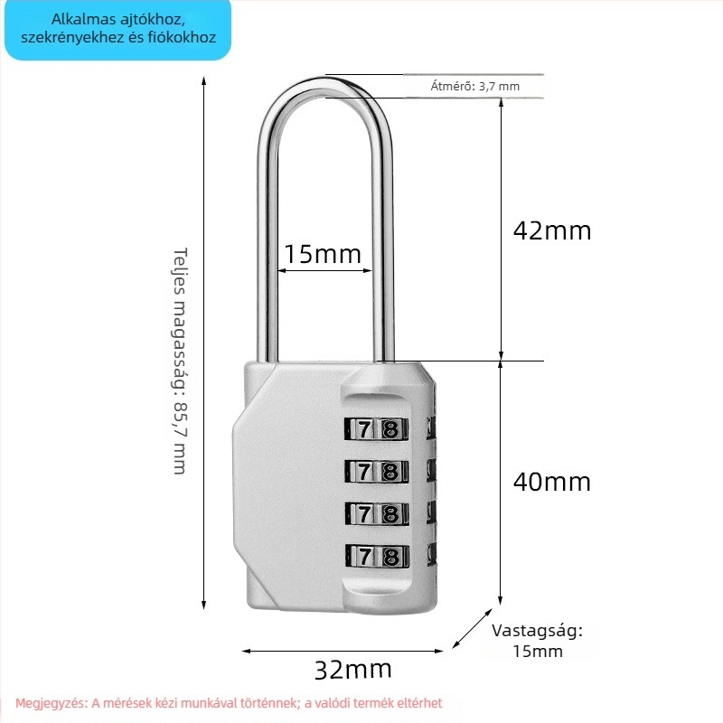 4 számjegyű kombinációs zárfej, cinkötvözetből, kültéri használatra – NF46 hosszú sín; záróvas vastagsága 3,7 mm, vasak közti távolság 15 mm; alkalmas ajtókhoz, ablakokhoz, fitnesz öltözőszekrényekhez, fiókokhoz és konyhaszekrényekhez