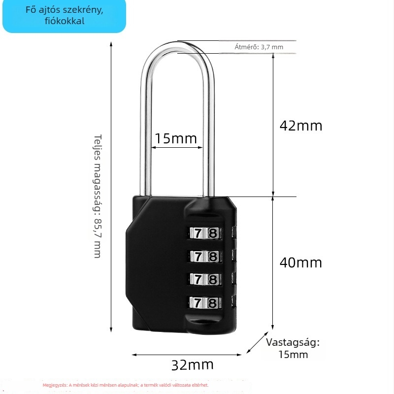 4 számjegyű kombinációs zárfej, cinkötvözetből, kültéri használatra – NF46 hosszú sín; záróvas vastagsága 3,7 mm, vasak közti távolság 15 mm; alkalmas ajtókhoz, ablakokhoz, fitnesz öltözőszekrényekhez, fiókokhoz és konyhaszekrényekhez