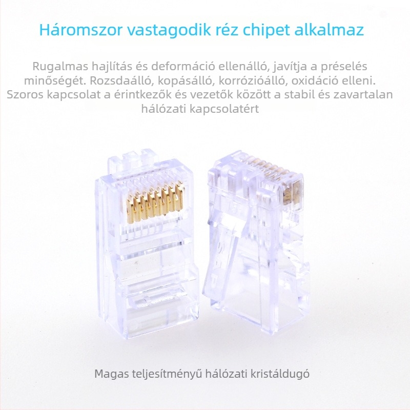RJ45 kristályfejű csatlakozó, 8P8C, Modell Super Five 100, Márka Minjing, 100 darabos csomag hálózati kábelezéshez